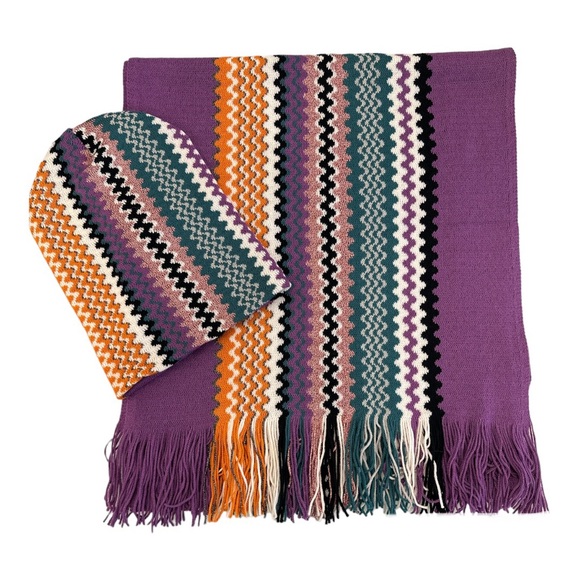 NWOT | Missoni | Purple Zigzag Hat & Scarf Set | One Size - Picture 2 of 16